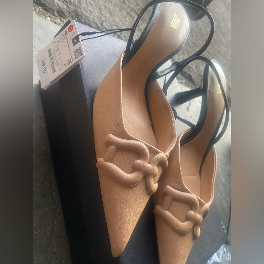 Zara Tan Women's Heels with Black Straps